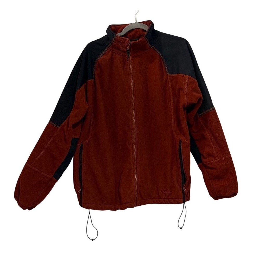 Cabelas Mens Fleece Jacket Medium Rust Red Black Full Zip Outdoor Hiking Coat